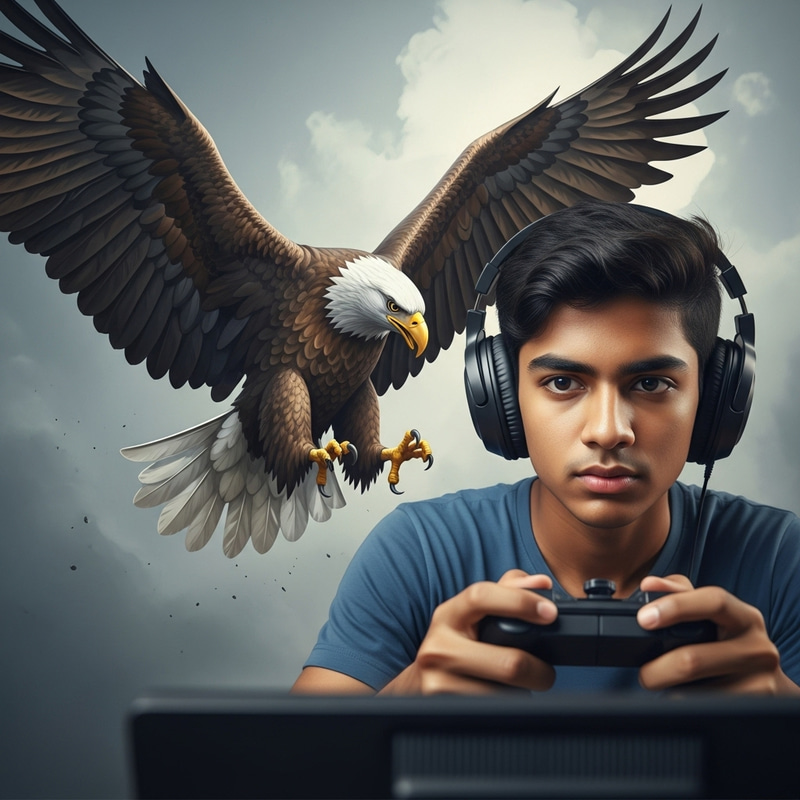 Gamer Boy with Headphones and Majestic Eagle