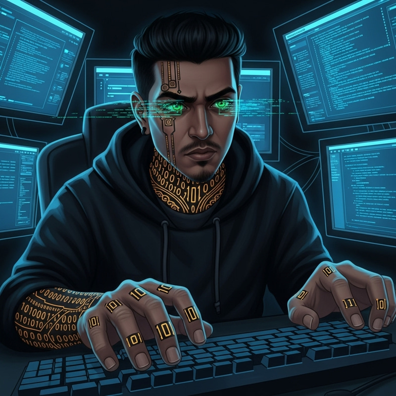 Enigmatic Hacker with Intricate Tattoos - South Asian Character