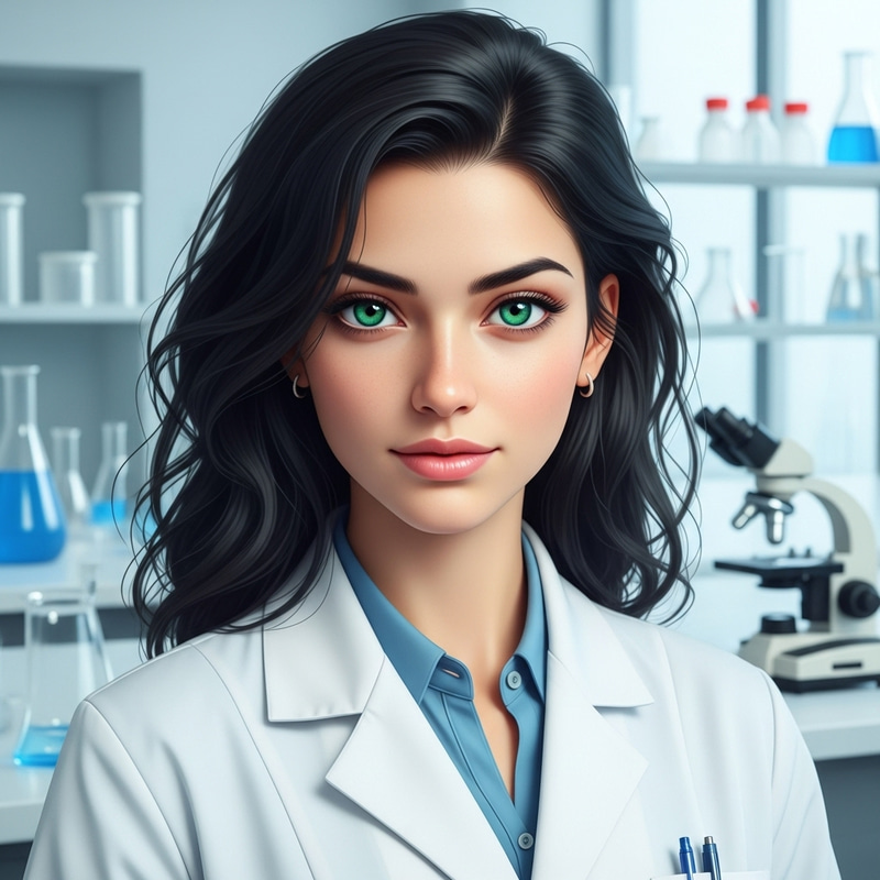 24-Year-Old Woman with Wavy Black Hair & Green Eyes in Lab Coat 24-Year-Old Woman with Wavy Black Hair & Green Eyes in Lab Coat