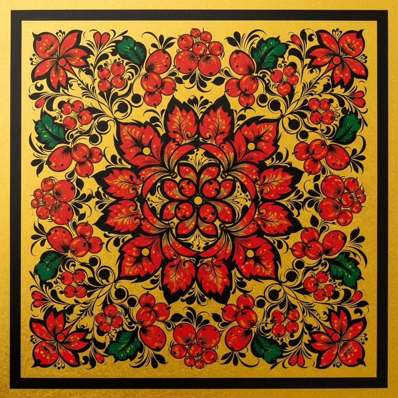 Square Khokhloma Russian Pattern - Traditional Wood Painting Square Khokhloma Russian Pattern - Traditional Wood Painting