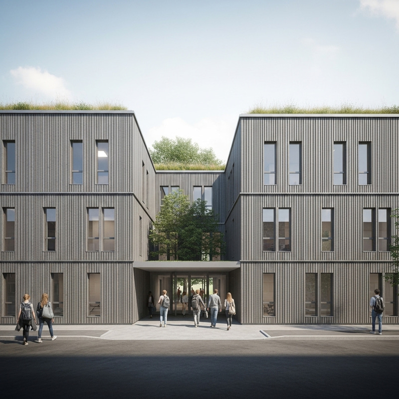 Modern Eco-Friendly School Design with Stylish Vertical Wood & Metal Facade