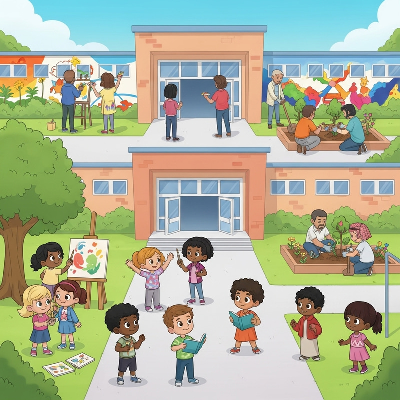 Cartoon Illustration of School-Community Partnership Cartoon Illustration of School-Community Partnership