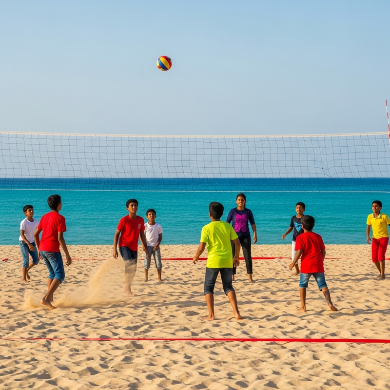 Omani Children Playing Beach Volleyball | Lively Seaside Fun Omani Children Playing Beach Volleyball | Lively Seaside Fun