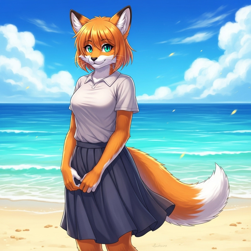 Fox Cat Girl in Vibrant Beach Scene