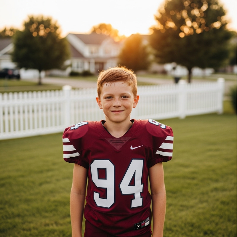 Energetic Young Boy in Maroon Football Jersey | Vibrant Sports Photography Energetic Young Boy in Maroon Football Jersey | Vibrant Sports Photography