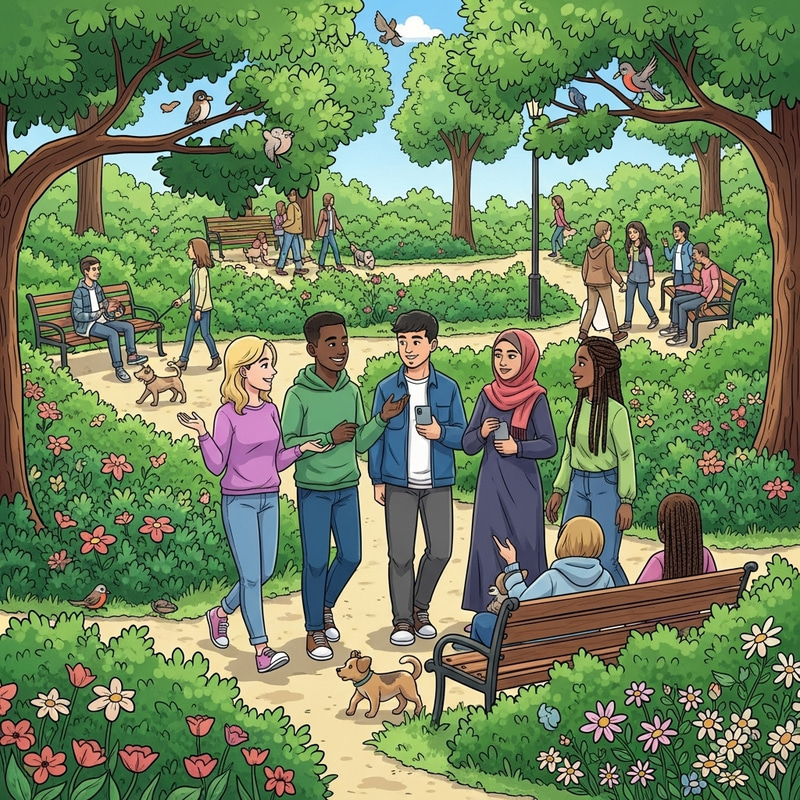 Vibrant Park Scene with Diverse Young Individuals | Joyful Cartoon Vibrant Park Scene with Diverse Young Individuals | Joyful Cartoon
