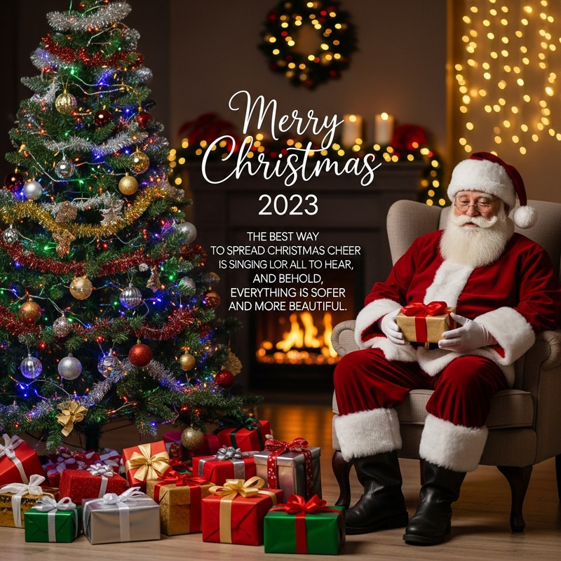 Merry Christmas 2023 with Santa Claus, Christmas Tree & Gifts Merry Christmas 2023 with Santa Claus, Christmas Tree & Gifts
