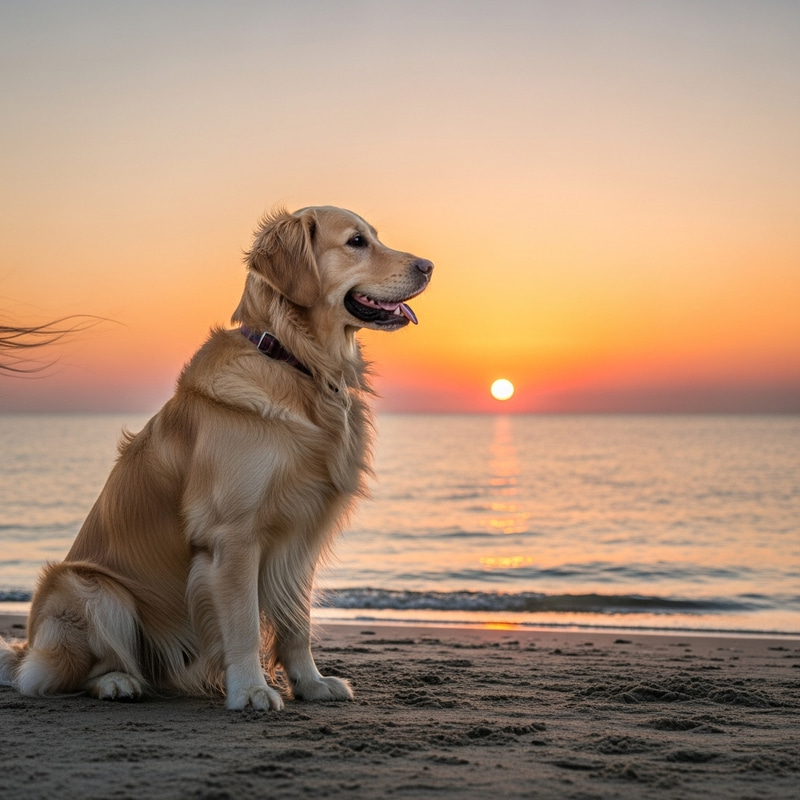 Serene Golden Retriever Watching Sunset by the Sea
