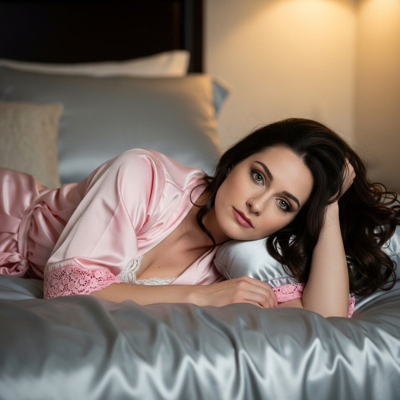 Emilia Clarke Pink Satin Robe White Teddy on Queen Bed Emilia Clarke Pink Satin Robe White Teddy on Queen Bed