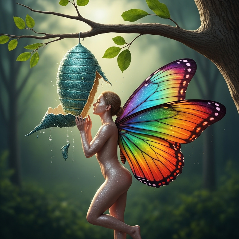 Butterfly Like Human Emerging from Cocoon