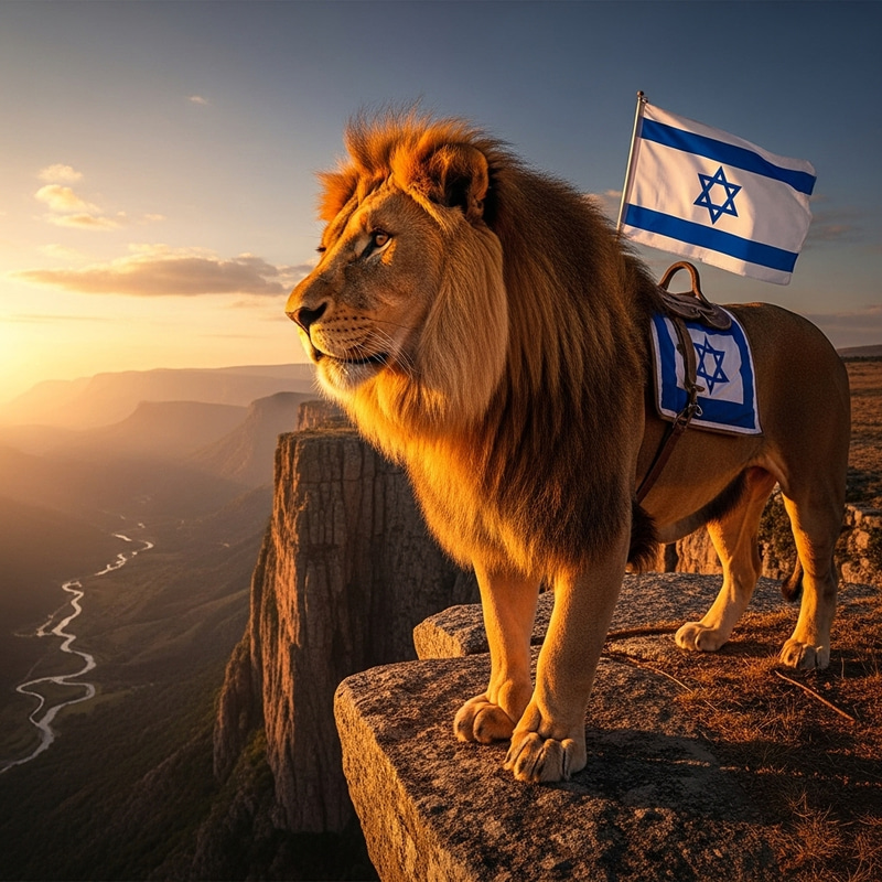 Majestic Lion on Cliff with Israel Flag