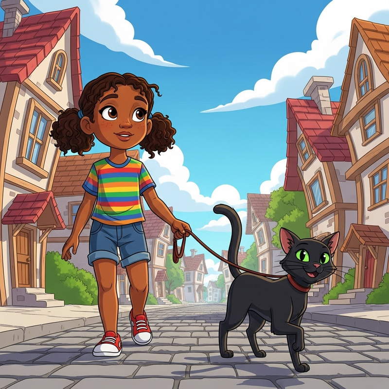 Young Girl Walking Black Cat Leash - Comic Style Young Girl Walking Black Cat Leash - Comic Style