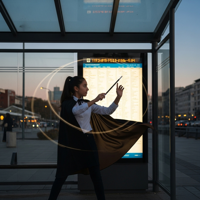 Enthusiastic Child Performing Magic at Urban Bus Shelter