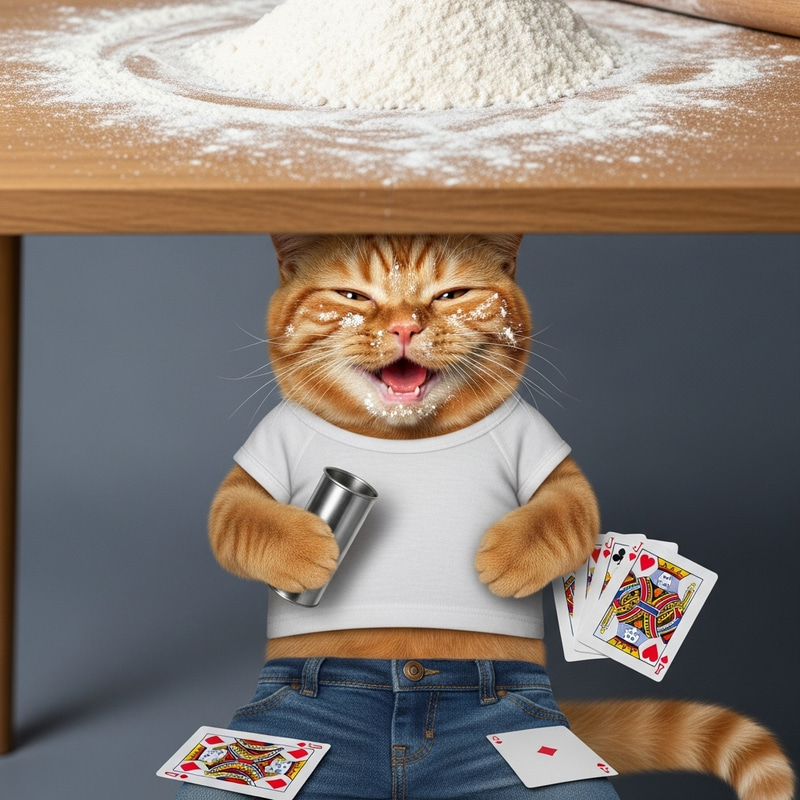 Mischievous Red Cat with Baking and Card Shenanigans Mischievous Red Cat with Baking and Card Shenanigans