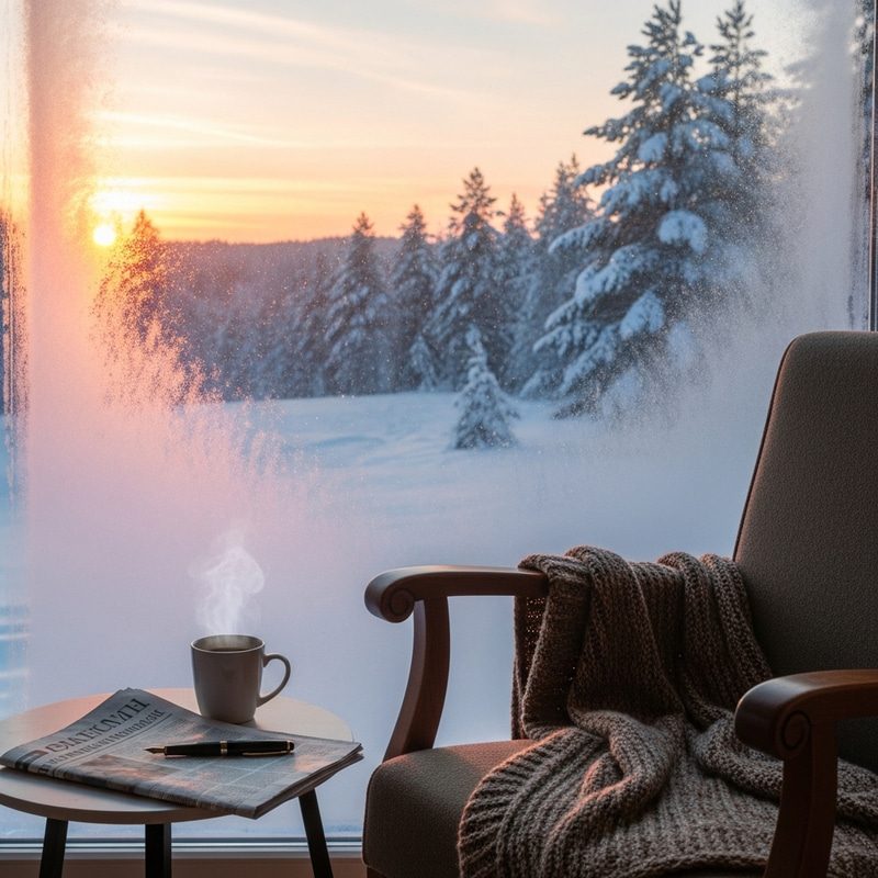 Peaceful Morning Scene: Sunrise Through Frosted Window Over Snowy Landscape