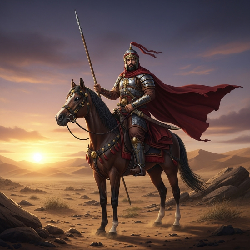Majestic Middle-Eastern Warrior on Horseback in the Desert