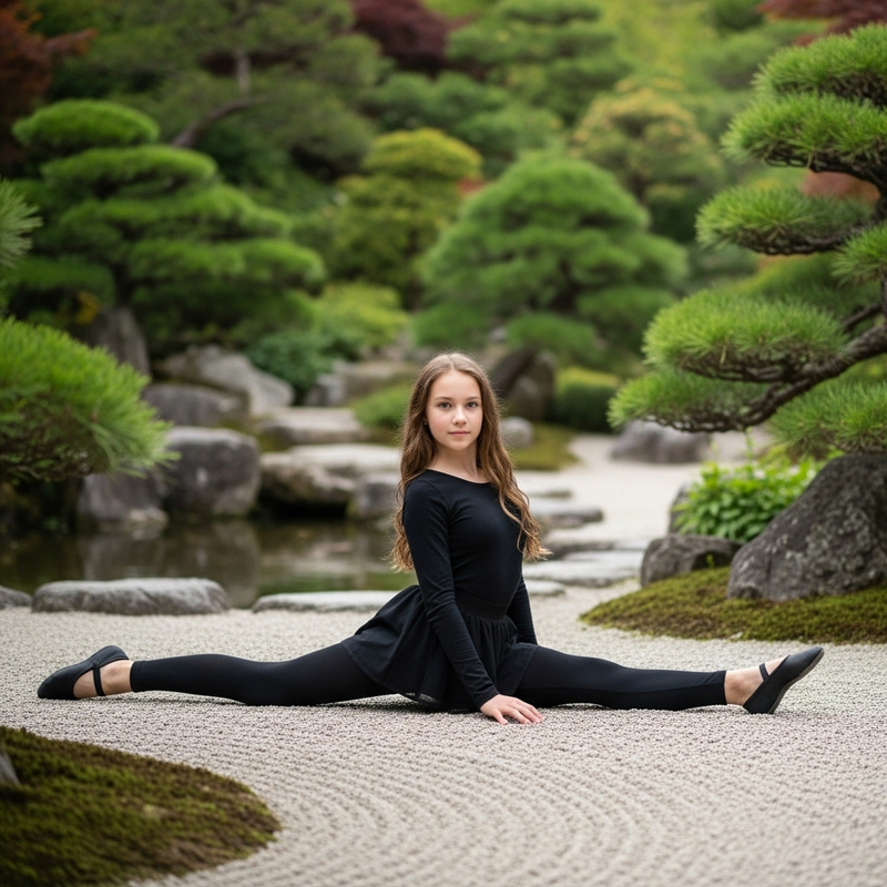 Russian Girl in Black Attire in Japanese Garden Splits