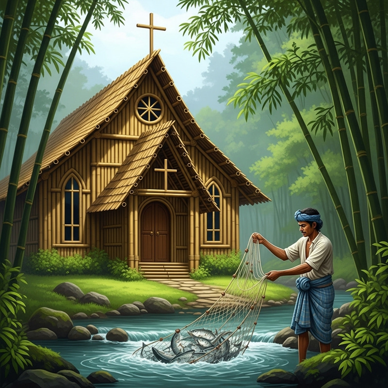 Tranquil Bamboo Church and Fisherman | Riverside Serenity Tranquil Bamboo Church and Fisherman | Riverside Serenity