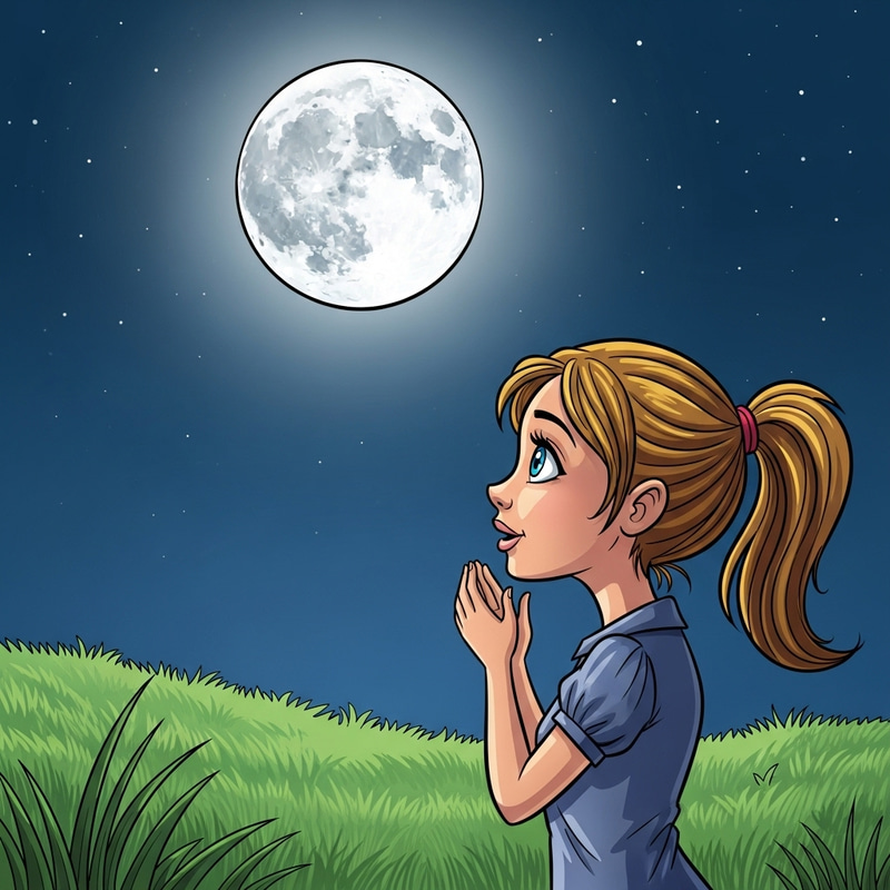 Charming Girl admiring Moon in Cartoon Style