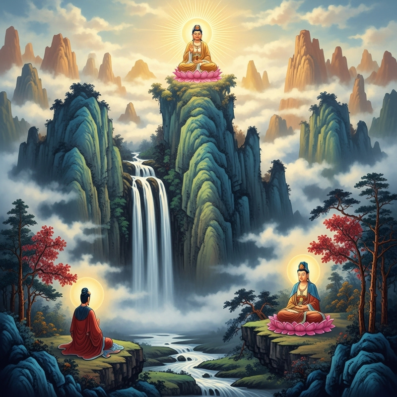 Spiritual Masterpiece: Mountain Waterfall & Buddhas Spiritual Masterpiece: Mountain Waterfall & Buddhas