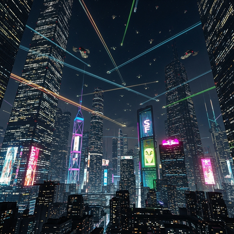 Cyberpunk Cityscape with Flying Cars and Neon Lights Cyberpunk Cityscape with Flying Cars and Neon Lights