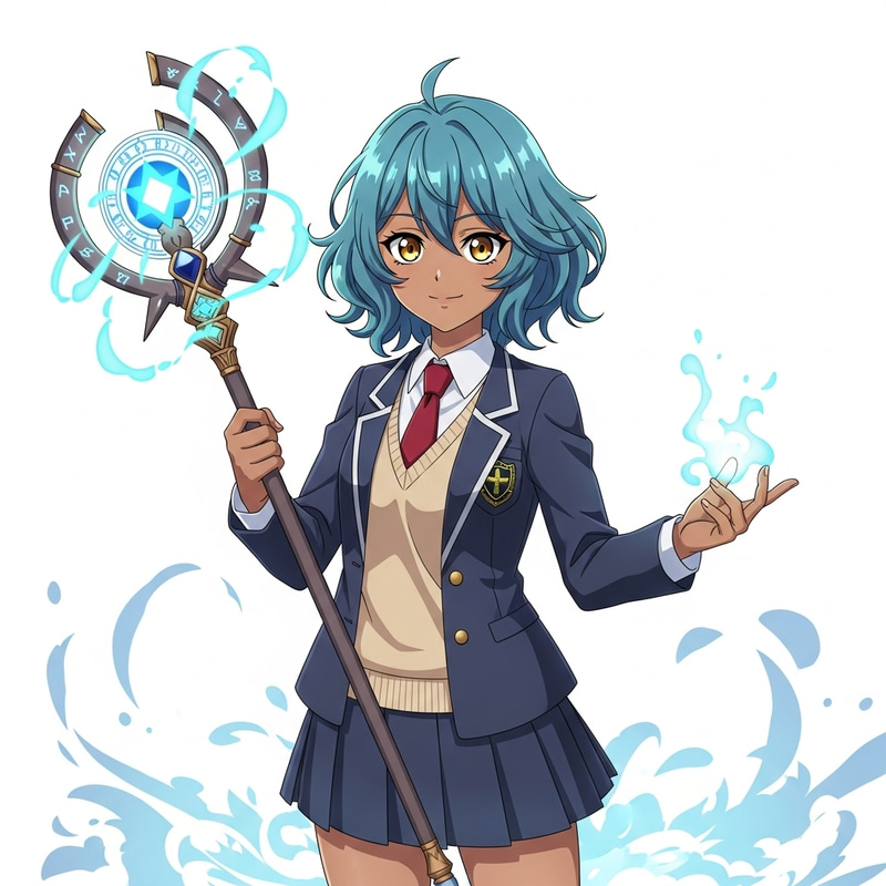 Anime Girl with Wavy Turquoise Hair - Golden Eyes & Magic Staff Anime Girl with Wavy Turquoise Hair - Golden Eyes & Magic Staff