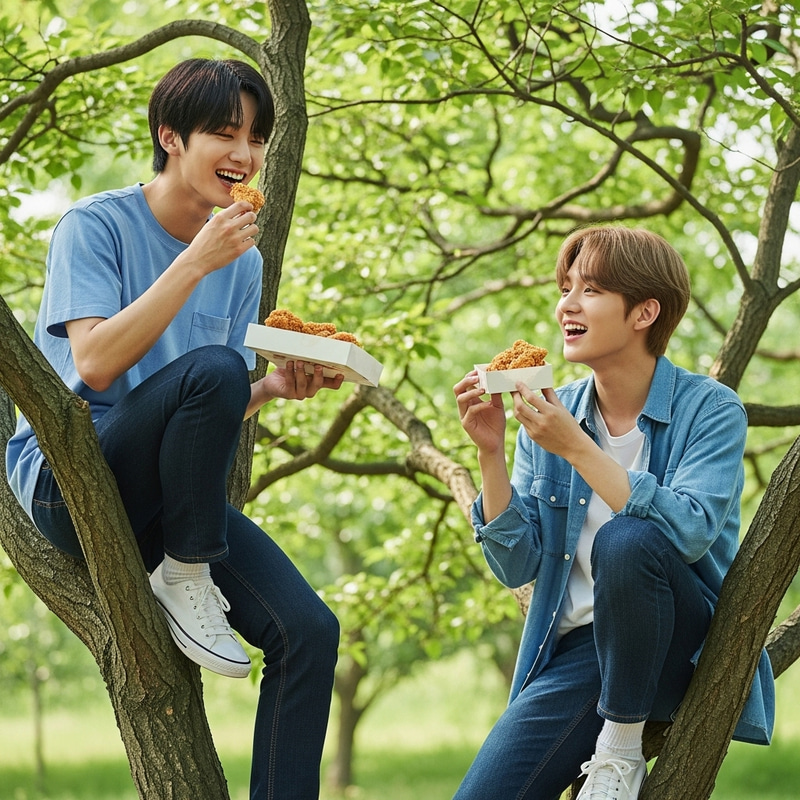 BTS Jungkook & Jimin Chilling on Tree Eating Fried Chicken BTS Jungkook & Jimin Chilling on Tree Eating Fried Chicken