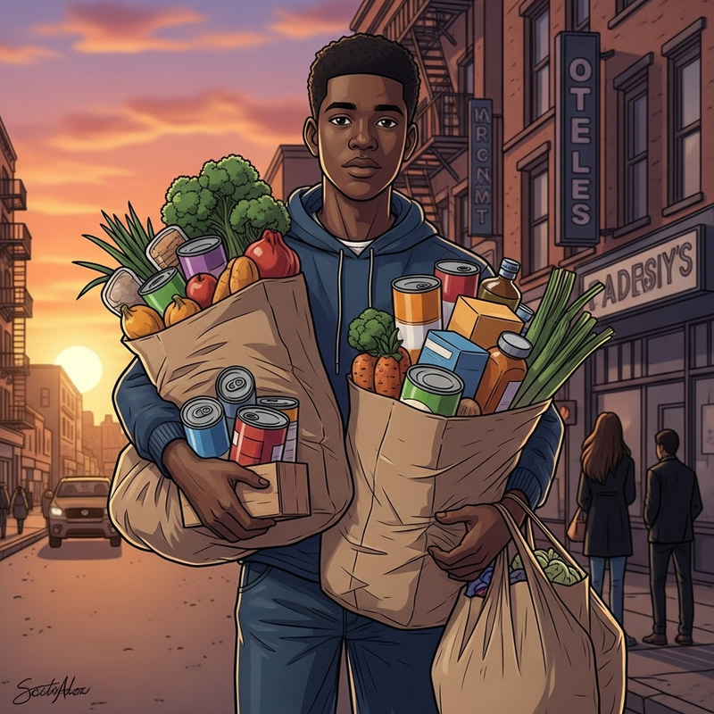 Strong Black Teenager Lifting Heavy Grocery Bags in City Strong Black Teenager Lifting Heavy Grocery Bags in City