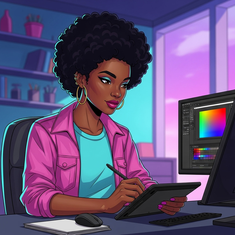 Stunning Black Woman in Modern Cyberpunk Office Illustration