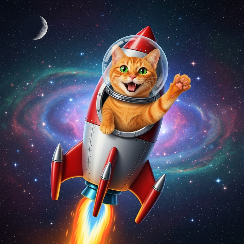 Orange Cat in Space Suit Smiling and Waving while Flying on Rocket Orange Cat in Space Suit Smiling and Waving while Flying on Rocket