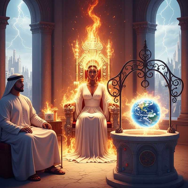 Radiant Black Woman in Flowy White Dress | Fire Aura and Divine City Imagery Radiant Black Woman in Flowy White Dress | Fire Aura and Divine City Imagery