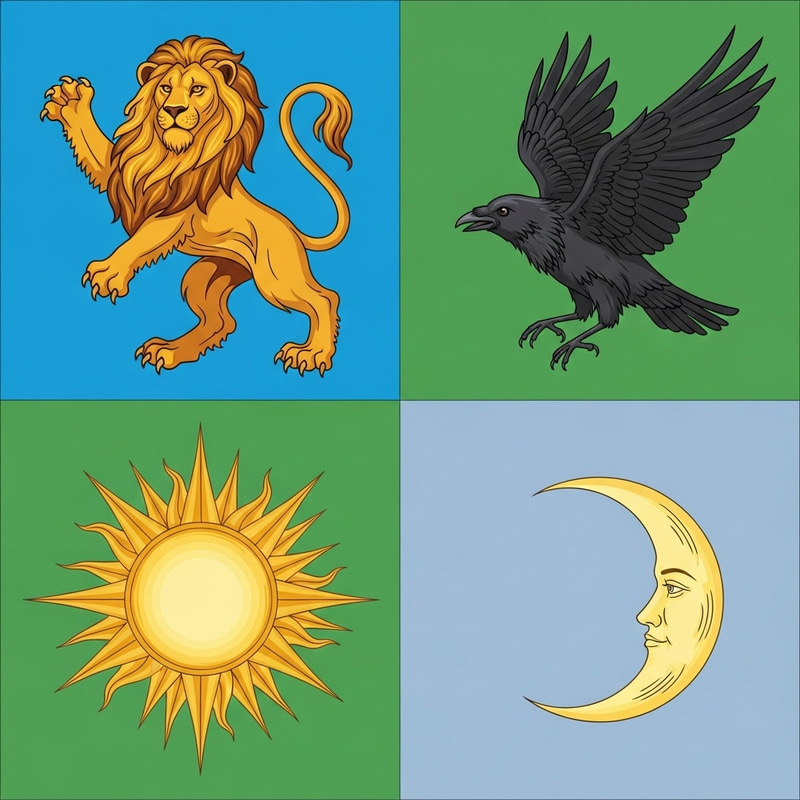 Majestic Lion, Cunning Raven, Radiant Sun & Delicate Moon Crest