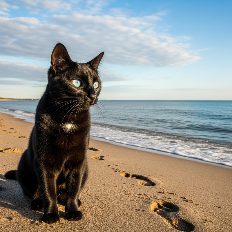 Black Cat with Blue Eyes on Beach - Gazing at Ocean Waves Black Cat with Blue Eyes on Beach - Gazing at Ocean Waves