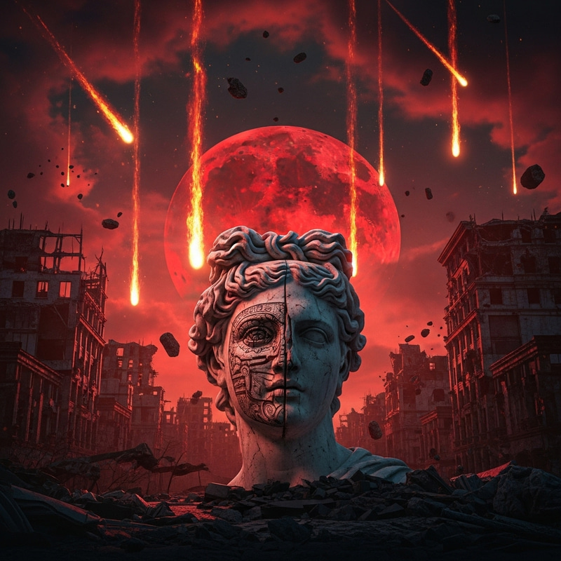 Hyperrealistic Post-Apocalyptic Scene with Antique Statue & Red Moon