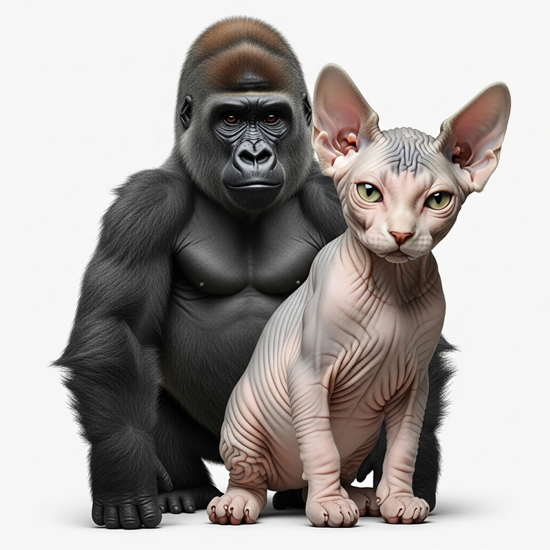 Adorable Gorilla-Cat Hybrid: Cute Offspring of Silverback Gorilla and Sphynx Cat