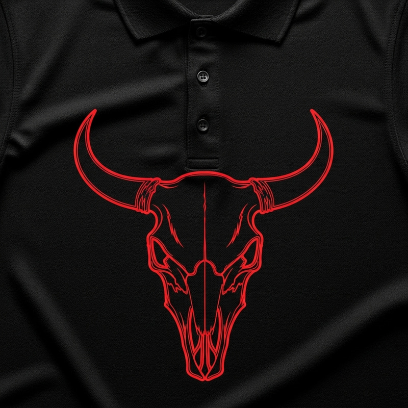 Black Polo T-Shirt with Intricate Red Bull Skull Design for Darts