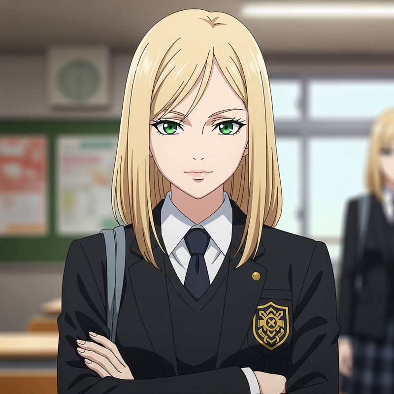 Blonde Woman in Unique School Uniform | Striking Facial Features Blonde Woman in Unique School Uniform | Striking Facial Features