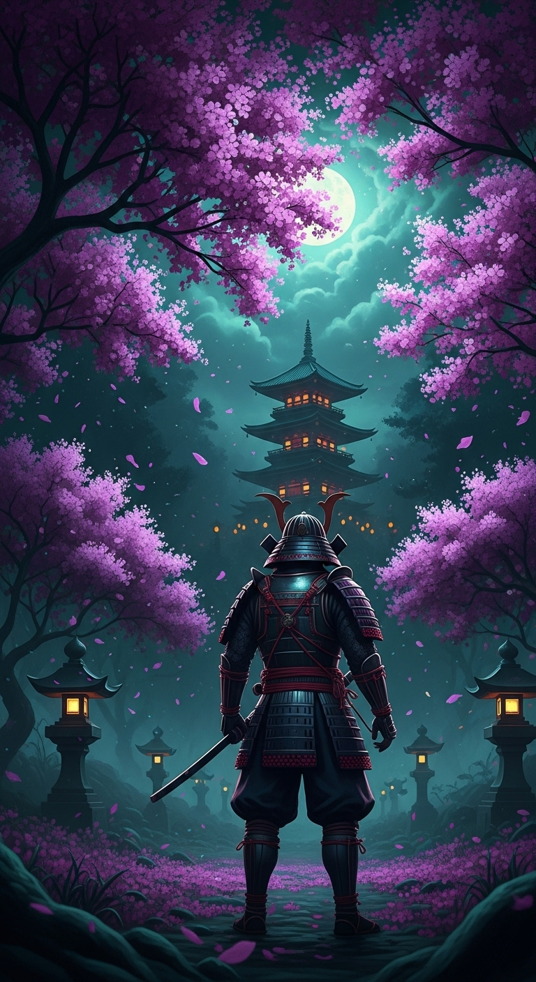 Epic Samurai in Mystical Black Sakura Forest