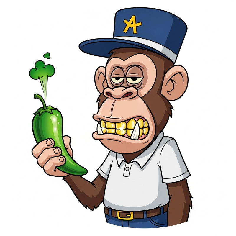 Bored Cartoon Ape with Shiny Gold Teeth Holding a Colorful Jalapeño Cartoon Bored Cartoon Ape with Shiny Gold Teeth Holding a Colorful Jalapeño Cartoon