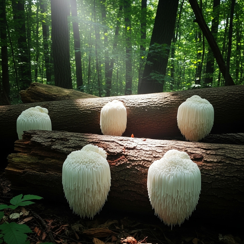 Enchanting Lions Mane Mushroom Forest Scene Enchanting Lions Mane Mushroom Forest Scene