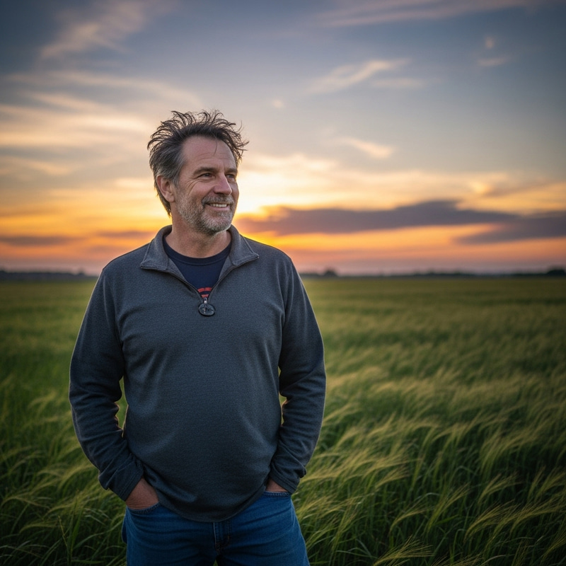 Casual Man Enjoying a Sunset in a Field Casual Man Enjoying a Sunset in a Field
