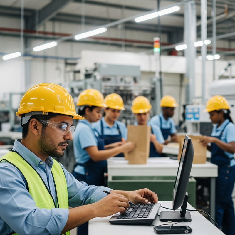 Latino Industrial Engineer at High-Tech Paper Bag Production Plant