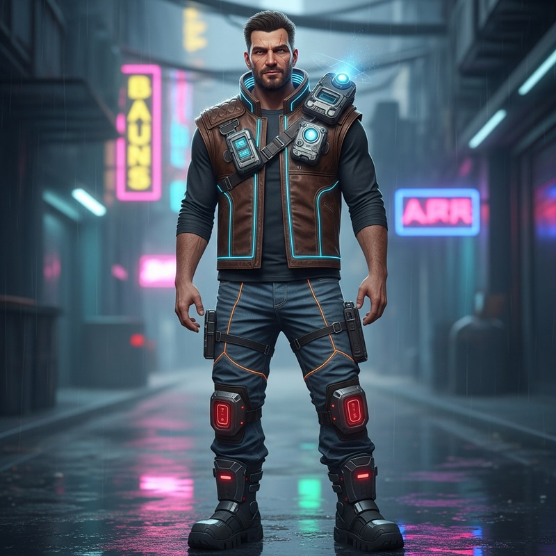 Cyberpunk Owen Grady in Brown Leather Vest & Blue Jeans Cyberpunk Owen Grady in Brown Leather Vest & Blue Jeans
