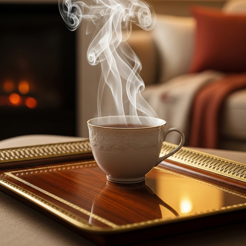 Hot Cup of Tea with Gentle Steam on Ornate Tray