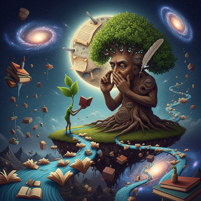 Surrealism Mentorship: Elder Tree Sharing Wisdom with Young Sprout Surrealism Mentorship: Elder Tree Sharing Wisdom with Young Sprout
