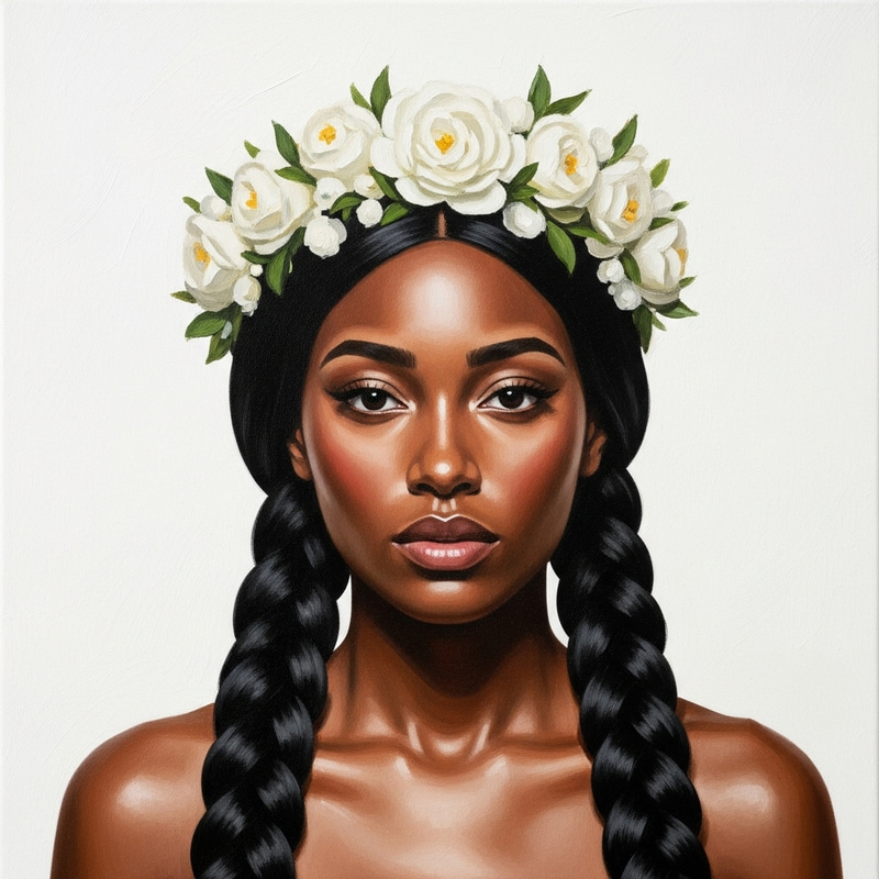 Realistic Oil Painting of Black-Brown Skinned Woman with Floral Head Realistic Oil Painting of Black-Brown Skinned Woman with Floral Head