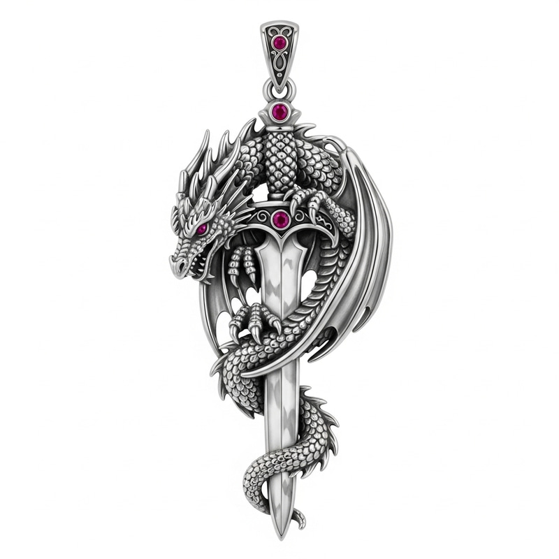 Unique Dragon Pendant with Intricate Glass Sword Design Unique Dragon Pendant with Intricate Glass Sword Design