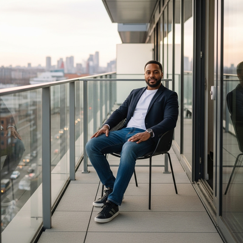Stylish Modern Man Relaxing on Balcony | Cityscape View Stylish Modern Man Relaxing on Balcony | Cityscape View