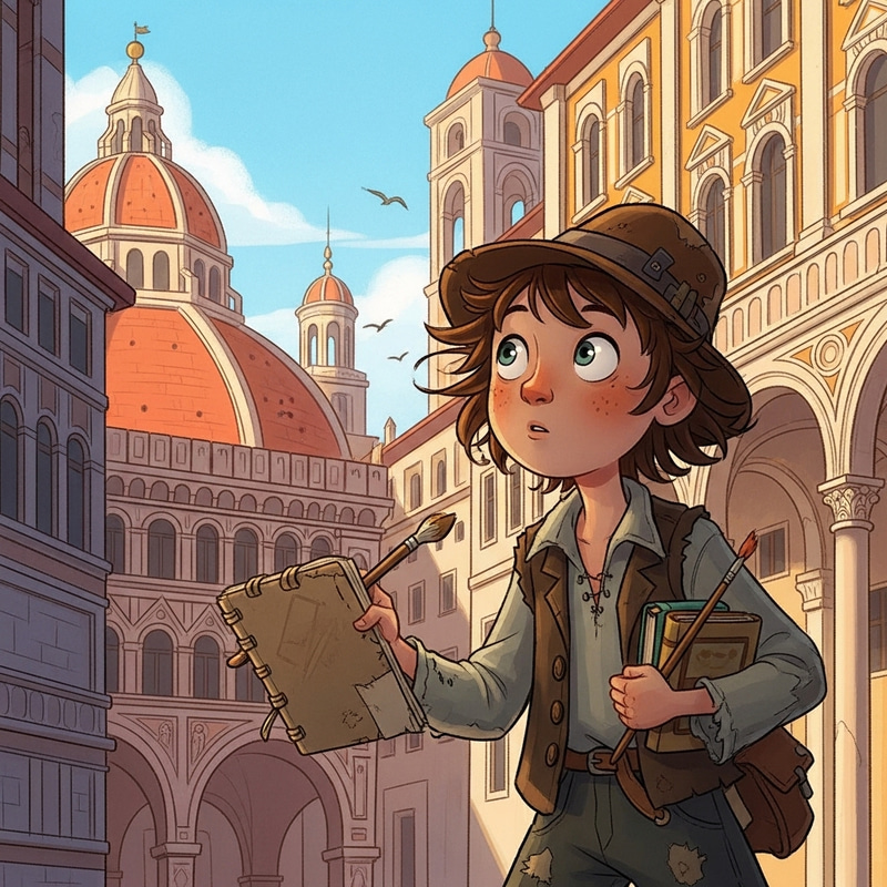 Whimsical Renaissance Art in Warm Tones and Light Blue