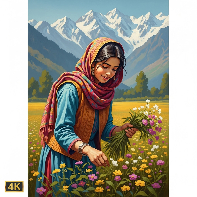 Stunning 4K Oil Painting of a Teenage Kashmiri Girl in Verdant Field Stunning 4K Oil Painting of a Teenage Kashmiri Girl in Verdant Field